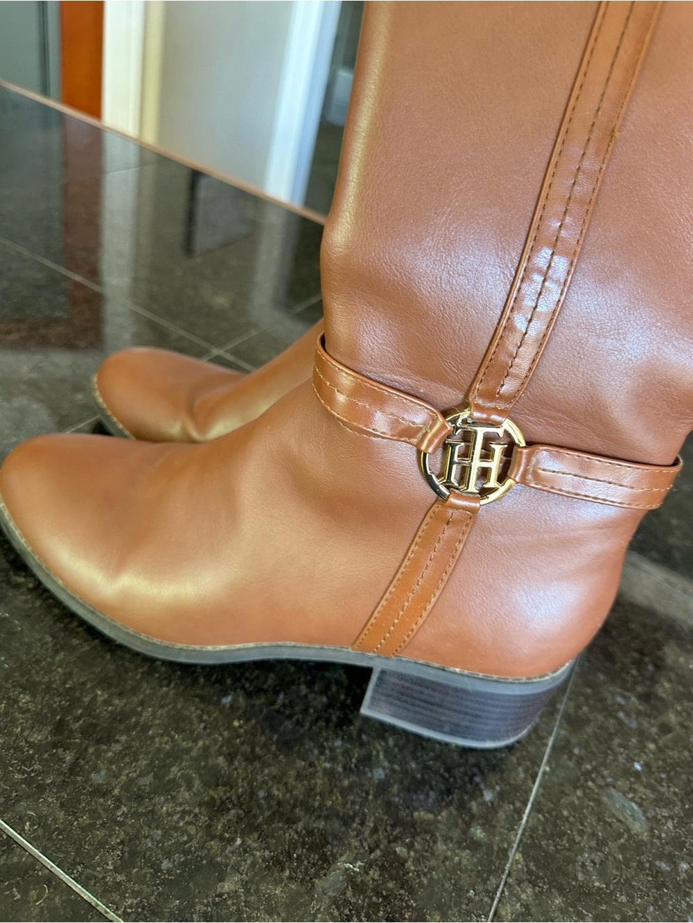 Tommy Hilfiger Tan/Brown Leather Mid-Calf Riding Boots - Picture 2 of 7